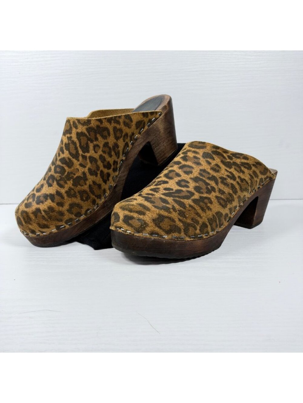 Lotta From Stockholm Leopard Leather Wooden Swedish High Heel Clogs Sz 40 US 9